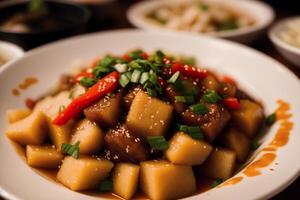 Chinese food, Stir-fried pork in sweet and sour sauce with rice. Chicken noodle soup. photo