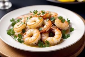 Shrimps with parsley and lemon on a white plate. photo