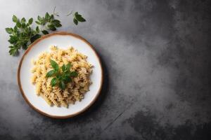 Spaghetti pasta with parmesan cheese and parsley on a plate. photo