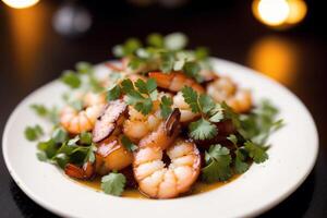 Shrimps with parsley and lemon on a white plate. photo