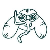 Elephant in scuba gear. Vector illustrations in outline doodle style isolated on white background.