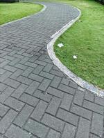 Concrete pathway in the park with green grass and grass background. Stone path in the park. photo