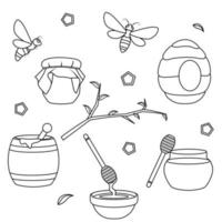 set vector illustration, honey and bees, bee hive, a barrel of honey, honey apiary, doodle and sketch