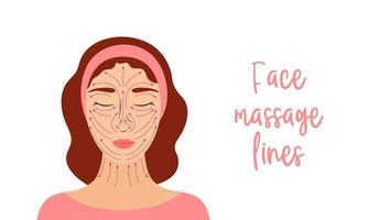 Face massage lines. Vector illustration. Rules of anti-ageing facial massage infographic. Young beautiful woman and dotted arrows. Lifting sculpt procedure