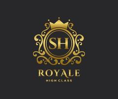 Golden Letter SH template logo Luxury gold letter with crown. Monogram alphabet . Beautiful royal initials letter. vector