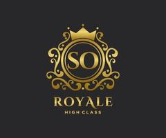 Golden Letter SO template logo Luxury gold letter with crown. Monogram alphabet . Beautiful royal initials letter. vector