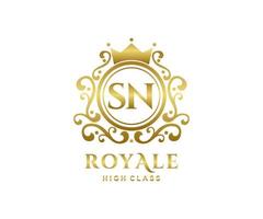 Golden Letter SN template logo Luxury gold letter with crown. Monogram alphabet . Beautiful royal initials letter. vector