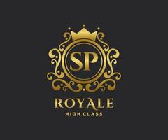 Golden Letter SP template logo Luxury gold letter with crown. Monogram alphabet . Beautiful royal initials letter. vector