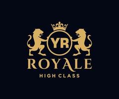 Golden Letter YR template logo Luxury gold letter with crown. Monogram alphabet . Beautiful royal initials letter. vector