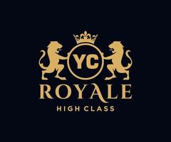 Golden Letter YC template logo Luxury gold letter with crown. Monogram alphabet . Beautiful royal initials letter. vector