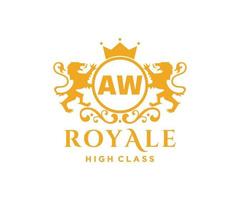 Golden Letter AW template logo Luxury gold letter with crown. Monogram alphabet . Beautiful royal initials letter. vector