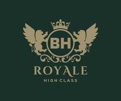 Golden Letter BH template logo Luxury gold letter with crown. Monogram alphabet . Beautiful royal initials letter. vector