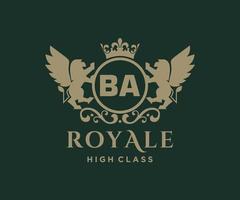 Golden Letter BA template logo Luxury gold letter with crown. Monogram alphabet . Beautiful royal initials letter. vector