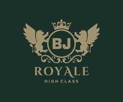 Golden Letter BJ template logo Luxury gold letter with crown. Monogram alphabet . Beautiful royal initials letter. vector