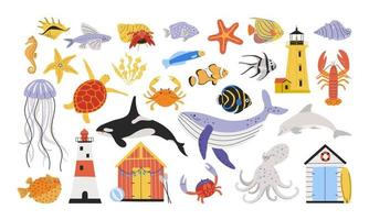 Set of cartoon sea creatures. Colorful ocean life cute characters and objects vector