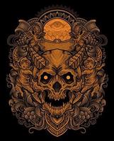 Illustration of demon skull head with vintage engraving ornament in back perfect for your business and Merchandise vector