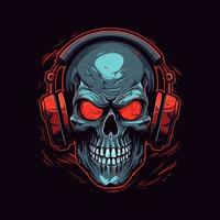 Logo of an angry skull wearing headphones designed in esports illustration style vector