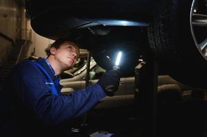 Close-up of a mechanic, technician, auto engineer checks the underbody of the car with flashlight in the garage of a repair shop. Car warranty repair and maintenance, car service concept photo
