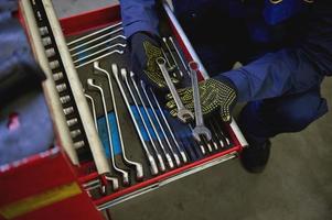 Overhead view of a mechanic holding wrenches above a set of tools from wrenches and heads for unscrewing nuts and bolts in a special cabinet for repair in a car service. Industry and manufacturing. photo