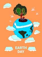 Earth day poster with cloud around on the orange background vector