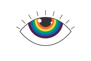 Retro groovy boho open rainbow color eye. Psychedelic hippie style badge. Vintage hippy crazy esoteric iridescent pupil sticker design. Abstract 60s, 70s, 80s trendy y2k vector eps illustration