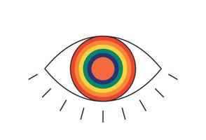 Retro groovy boho open rainbow color eye. Psychedelic hippie style bohemian design. Vintage hippy crazy esoteric iridescent pupil sticker. Abstract 60s, 70s, 80s trendy y2k. Vector eps illustration