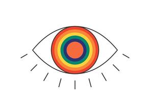 Retro groovy boho open rainbow color eye. Psychedelic hippie style bohemian design. Vintage hippy crazy esoteric iridescent pupil sticker. Abstract 60s, 70s, 80s trendy y2k. Vector eps illustration