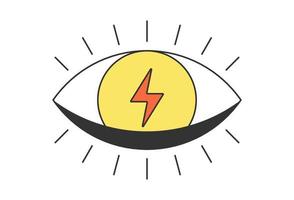 Retro open eye with electric lightning. Psychedelic groovy hippie style bizarre design. Vintage hippy crazy pupil sticker. Abstract 60s, 70s, 80s trendy y2k. Trippy vector eps illustration