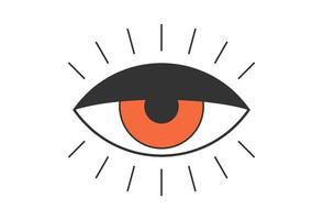 Retro boho open red eye with rays eyelashes. Psychedelic groovy hippie style badge. Vintage hippy crazy esoteric pupil sticker design. Abstract 60s, 70s, 80s trendy y2k vector eps illustration