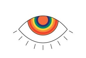 Retro groovy boho open rainbow color eye with rays eyelashes. Psychedelic hippie style design. Vintage hippy crazy esoteric iridescent pupil sticker. Abstract 60s, 70s, 80s trendy y2k. Vector eps