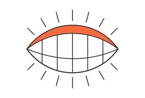 Retro open eye with tooth smile. Psychedelic groovy hippie style bizarre design. Vintage hippy crazy smiling teeth pupil sticker. Abstract 60s, 70s, 80s trendy y2k. Trippy pop art vector eps concept