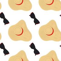 Seamless pattern of a summer hat with wide brim and stripes around and sunglasses with dark glasses. vector