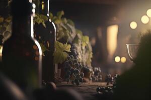 Winemaking. A bunch of black grapes near a barrel of wine and a glass. photo