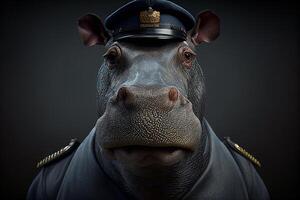 Portrait of a serious police hippo on guard. photo