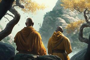 Buddhist monks meditating in nature. photo