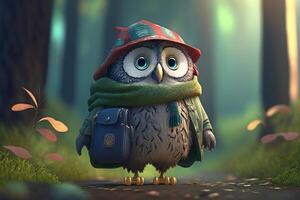 A cartoon owl with a backpack and hiking clothes stands in the forest. photo