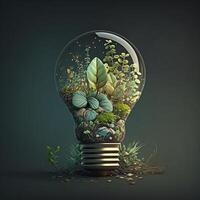 Light bulb with plants inside. Concept of green energy saving, renewable and recycling. . photo