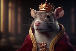 Rat in royal robe and crown on throne. photo