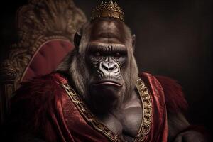 Gorilla king in royal robe and crown on throne. illustration. photo