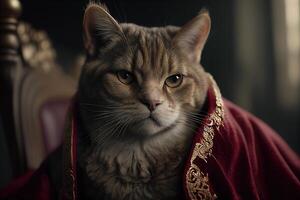 gato Rey en real túnica y corona en trono. ai generativo foto