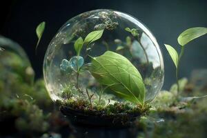 Glass bowl with plants inside.Concept of green energy saving, renewable and recycling. . photo