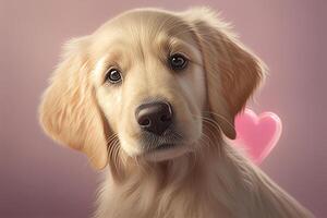 A cute golden retriever puppy with a pink heart shaped balloon. . photo