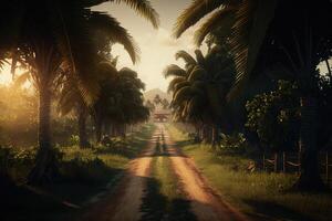 Coconut plantation in the rays of the setting sun. illustration. photo