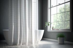 Contemporary checkered gauze shower curtain in the bathroom. . photo