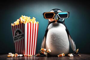 The penguin sits in 3D glasses in the cinema with popcorn. . photo