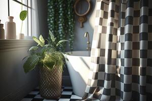 Contemporary checkered gauze shower curtain in the bathroom. . photo