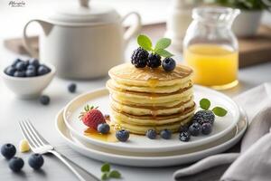 Delicious vegan pancakes with fruits on white table background. photo