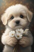 Cute white puppy holds a bouquet of white flowers.. photo