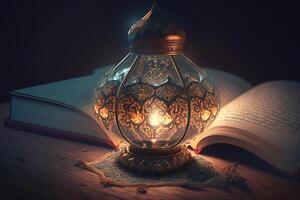 Ancient lamp with dazzling light over open book on table. photo