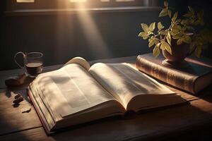 Open book on table with warm sunlight. photo